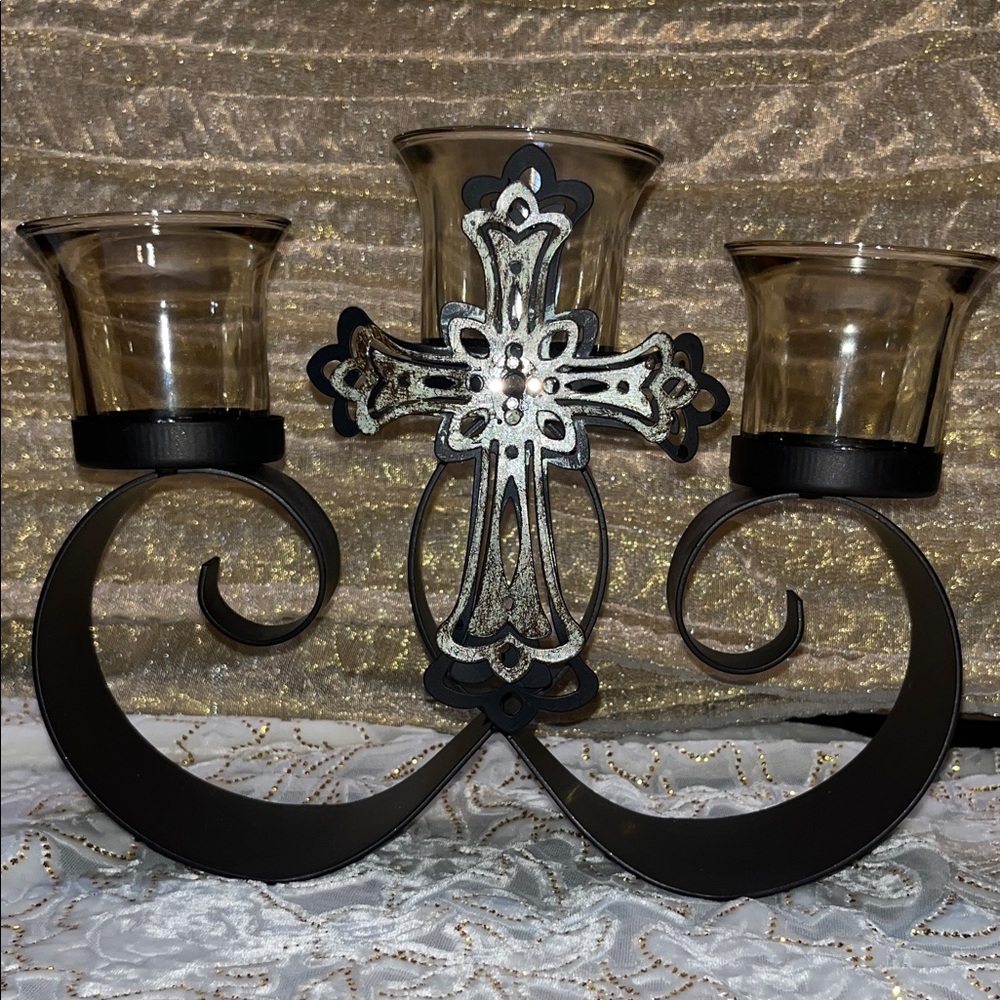Stylish Black and Silver Cross Candle Holder